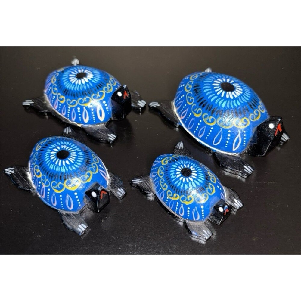 Hand Painted Wooden Turtles Folk Art Figurines Set of 4
